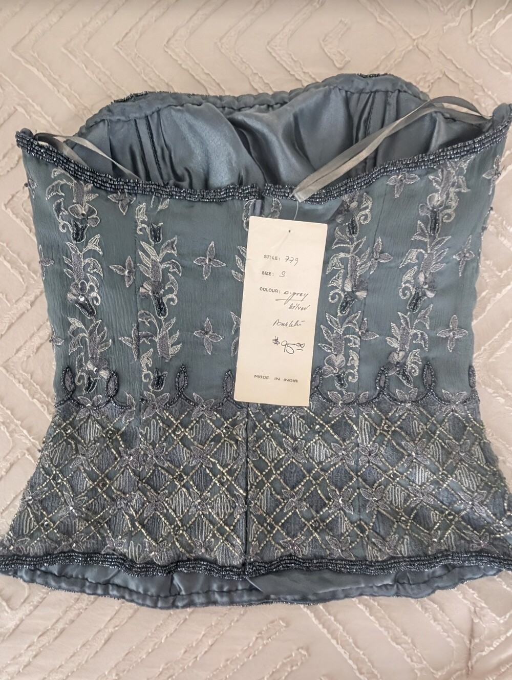 100% Silk Embroidered Strapless Beaded Peplum Top - Slate Blue - Picture 3 of 7
